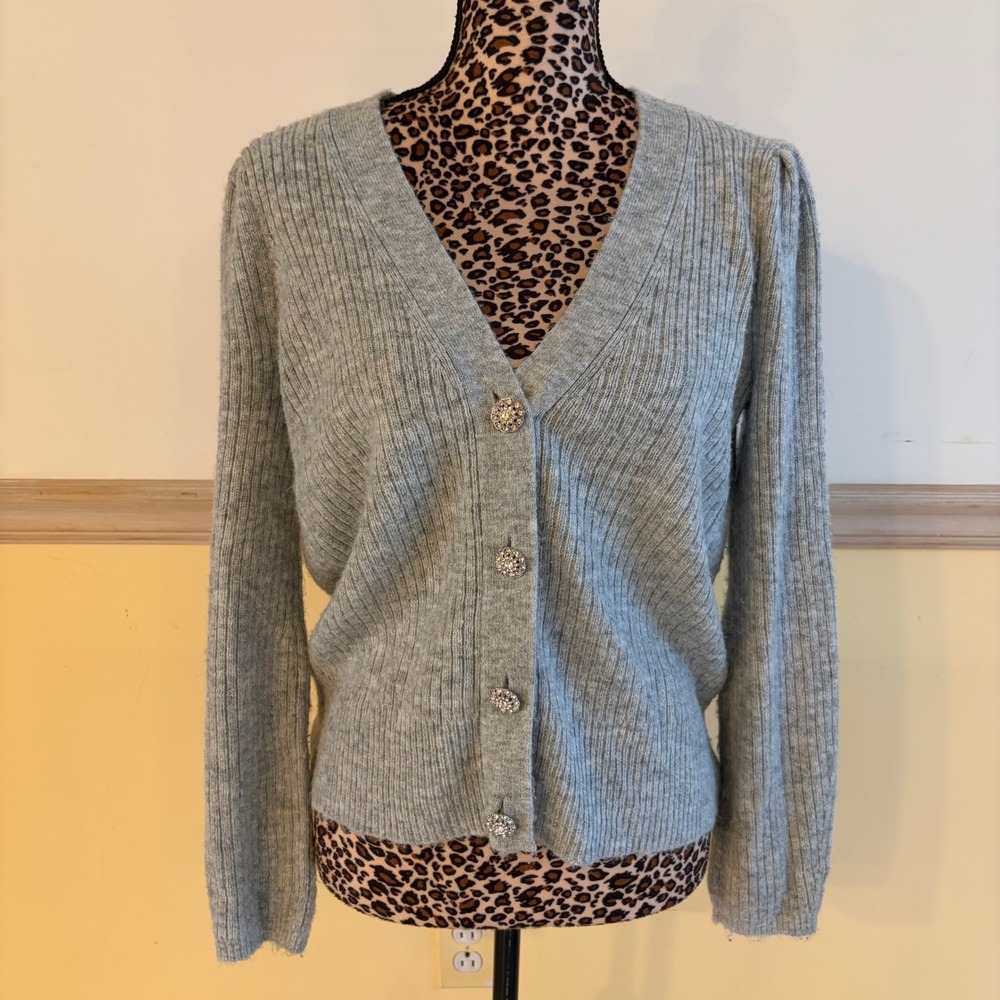Talbots Grey Metallic Shimmer Ribbed Rhinestone Button Cardigan Sweater Womens M - Picture 6 of 7